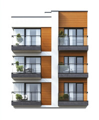 Fototapeta premium Modern apartment building with balconies and plants, featuring sleek design