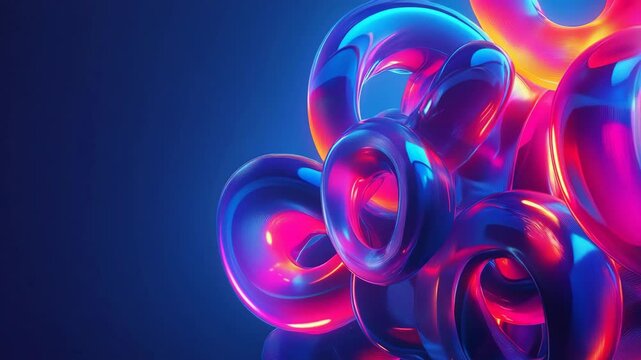 Abstract, colorful background with neon, glowing curves and rings on a dark blue background. A futuristic design element