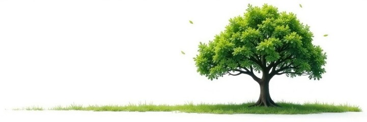 Leftward extending single tree branch on white ground, green, soil