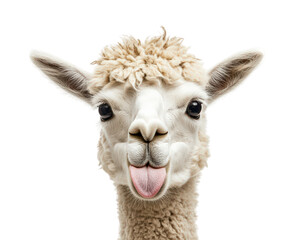 Obraz premium playful alpaca with fluffy coat is sticking out its tongue, showcasing mischievous expression. This charming animal captures attention with its unique features and delightful demeanor