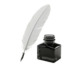 Feather pen and quill with black ink in an old inkwell are isolated antique writing objects