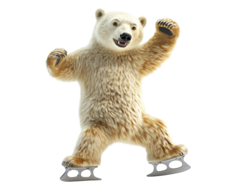 playful polar bear is joyfully dancing on ice skates, showcasing clumsy yet charming performance. Its fluffy white fur contrasts with shiny skates, creating delightful scene