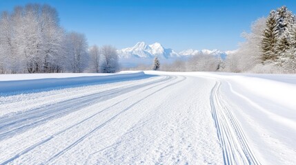 Obraz premium A snow-covered cross-country ski trail winds through a winter landscape. Snow-laden trees line the trail, leading to distant mountains under a clear blue sky. The image is high-resolution, with sharp