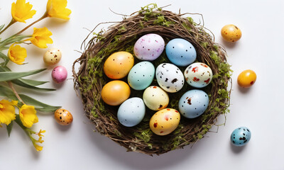 Colorful Easter eggs arranged in a decorative nest with spring flowers on a light background for festive celebration