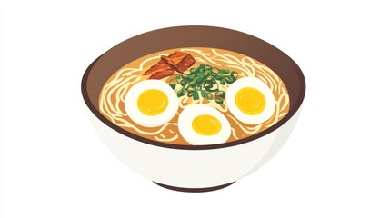 A hearty bowl of ramen with soft-boiled eggs, broth, and noodles. Featuring warmth and indulgence