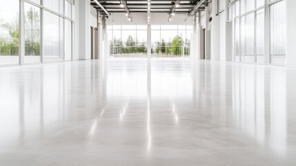 A polished concrete floor reflects light from large windows. The spacious room features white walls and a minimalist design. The image is high-resolution, well-lit, and showcases a clean aesthetic.