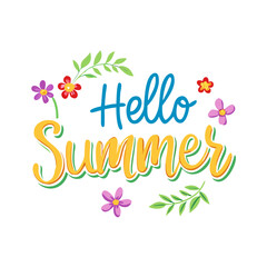 Obraz premium Hello Summer text with decorative flowers and leaves