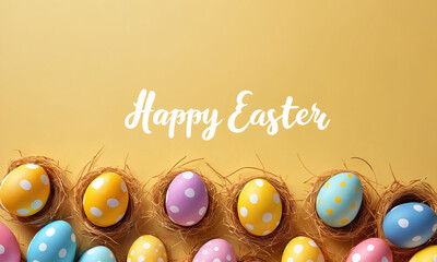 Colorful Easter eggs arranged beautifully with festive greetings on a vibrant yellow background celebrating the joy of the season