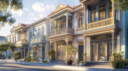 Obraz premium Classic colonial shophouses with pastel facades and ornate details