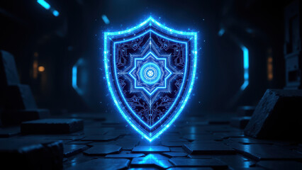 A futuristic digital shield representing cybersecurity protection.