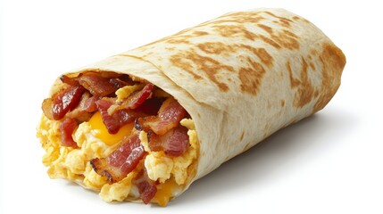 A hearty breakfast burrito with eggs, bacon, and cheese. Featuring savory and filling