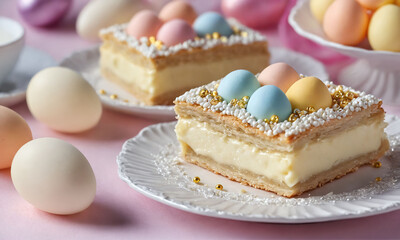 Delicious cream-filled dessert topped with colorful candy eggs and festive decorations for spring celebrations