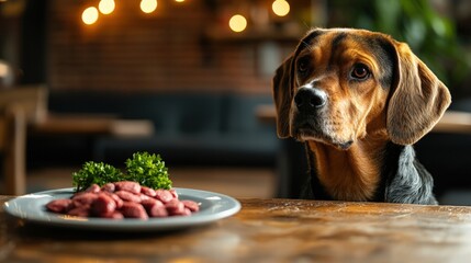 Curious dog gazing at a plate of food captured in a studio setting emphasizing a barf diet with copy space available