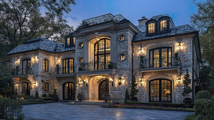 Obraz premium Elegant stone mansion with European inspired architecture at dusk