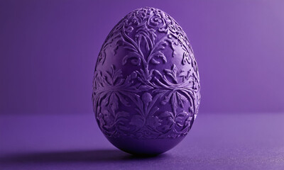 Decorative purple egg with intricate floral designs displayed on a textured surface in soft lighting
