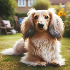 Fototapeta premium A purebred longhair English cream colored dachshund dog, outside in the garden. 