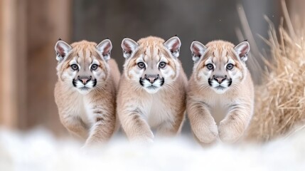 Obraz premium Three cougar cubs run towards the viewer. Their light brown fur is prominent against the snowy foreground. The blurred background suggests a natural setting with tall grasses. The image is high-qual