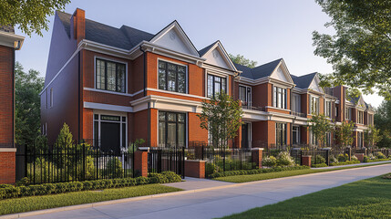 Obraz premium Classic red brick townhouses with black iron fences and lush greenery