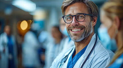 Obraz premium Man in a white lab coat is smiling and wearing glasses