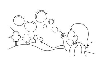 Girl Blowing Bubbles On A Hill Continuous Line Art Illustration