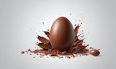 Chocolate egg splashes into rich liquid chocolate creating an artistic and delicious display