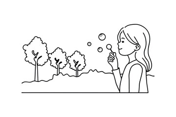Illustration Of A Young Woman Blowing Bubbles In A Whimsical Outdoor Landscape