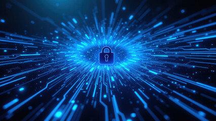 Fototapeta premium A graphic representation of digital encryption with a central lock symbol, surrounded by abstract glowing lines suggesting network connectivity or data transfer.