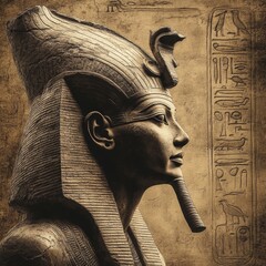 Egyptian pharaoh bust with headdress and beard against hieroglyphic background.