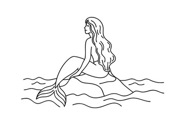 Mermaid Sitting On Rock In Ocean Waves Simple Black Line Art