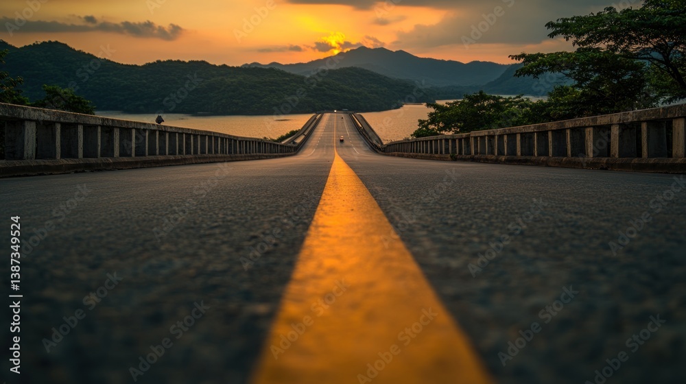 Poster scenic sunset view from a bridge over a lake and mountains with a road leading into the distance.