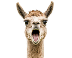 Obraz premium surprised alpaca with its mouth wide open, expressing shock and curiosity. This unique animal features fluffy coat and large expressive eyes, capturing attention with its playful demeanor