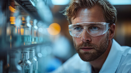 Man wearing safety glasses is looking at a shelf full of glass bottles