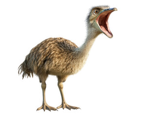 surprised emu stands with its beak wide open, expressing sense of astonishment. Its feathers are mix of brown and tan, showcasing unique texture and detail