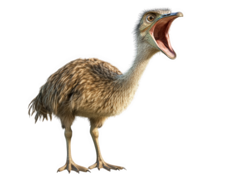 surprised emu stands with its beak wide open, expressing sense of astonishment. Its feathers are mix of brown and tan, showcasing unique texture and detail