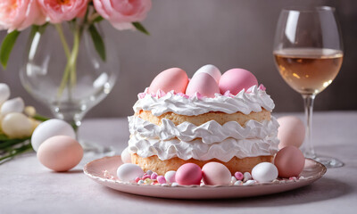 Delightful spring cake decorated with pastel eggs and floral centerpiece for a festive celebration