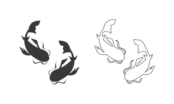 Japanies Koi karp fish silhouette icon set for logo. Vector isolated two Koi karps top view simple minimal line drawing isolated on white background.