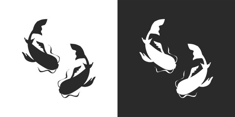 Japanies Koi karp fish silhouette icon set for logo. Vector isolated two Koi karps top view simple minimal line drawing isolated on white and black background.