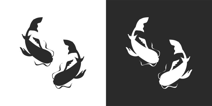 Japanies Koi karp fish silhouette icon set for logo. Vector isolated two Koi karps top view simple minimal line drawing isolated on white and black background.