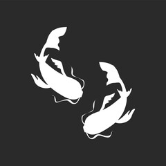 Japanies Koi karp fish silhouette icon for logo. Vector isolated two Koi karps top view simple minimal shape drawing isolated on black background.