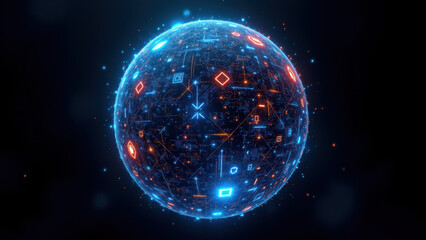 Fototapeta premium A three-dimensional globe with intricate network patterns representing global connectivity and digital security.