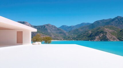 Obraz premium Modern minimalist white villa overlooking serene turquoise lake, surrounded by rugged mountain landscape, clear blue sky, and tranquil summer day.