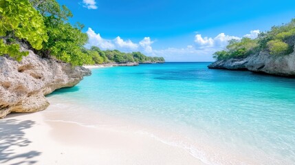Fototapeta premium A pristine, white-sand beach curves gently into turquoise water. Lush green foliage frames the secluded cove. The high-resolution image boasts vibrant colors and clear, bright lighting. Its idyllic st