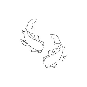 Japanies Koi karp fish line art icon  for logo. Vector isolated two Koi karps top view simple minimal line drawing isolated on white background.