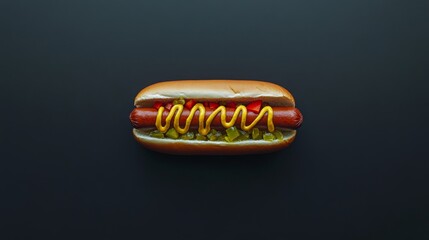 A hotdog with mustard, ketchup, and relish. Featuring simplicity and comfort
