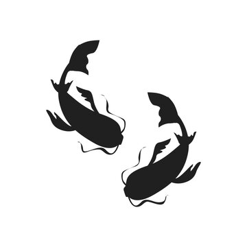 Japanies Koi karp fish silhouette icon set for logo. Vector isolated two Koi karps top view simple minimal line drawing isolated on white background.