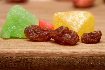 Colorful candies and fruits make a display