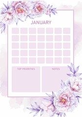 Monthly planner January,  with  calendar grid, notes and priorities on pastel colors. Beautiful template with  painted flowers and leaves, A 4 ready for print. 