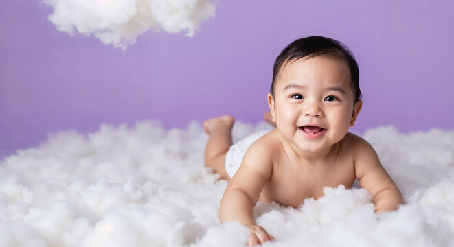 Happy Baby in Foam or Cloud Setting &ndash; Dreamy and Whimsical Concept for Baby Skincare or Imagination Theme