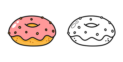 A tasty cartoon donut with pink icing and sprinkles, also a coloring book outline version.