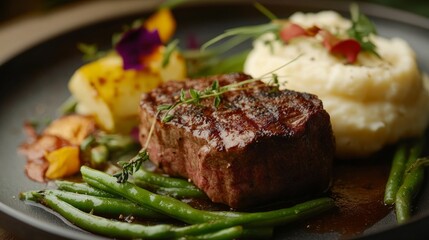 A juicy grilled steak with mashed potatoes and green beans. Featuring indulgence and satisfaction